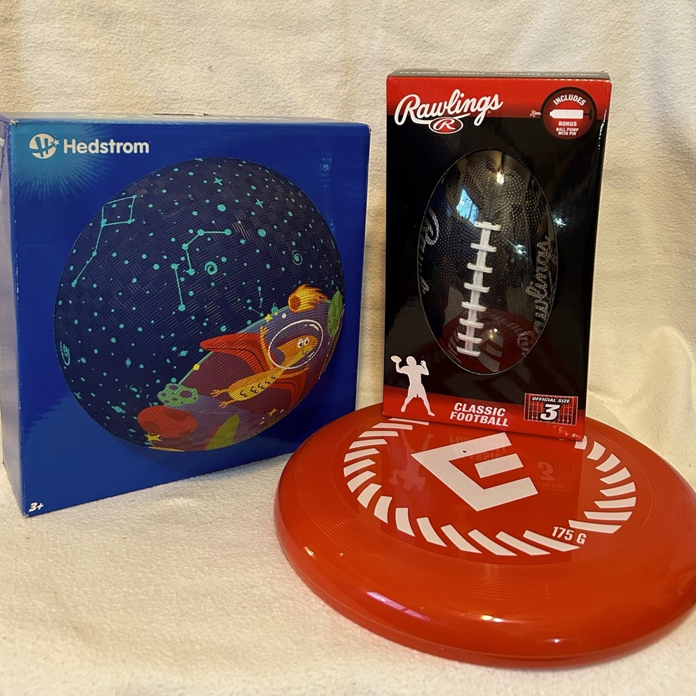 Hedstrom Playground Ball, Rawlings Classic Junior-sized Football and Frisbee
